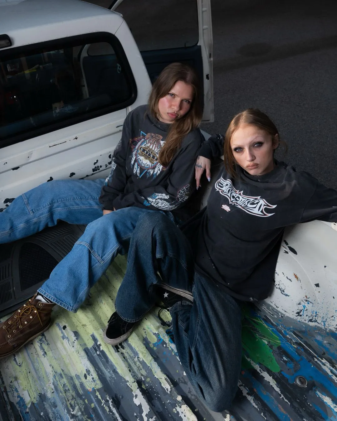 SAINT Mxxxxxx x TEFLON DISCO SAINT DISCO ML_LS TEE/BLK Eagle Feather Spider Web Distressed Long Sleeves, Washed Black S-XL, Ready-made Assute Dyeing, Water Spray Fading Treatment, Customized TEFLON DISCO co-branded accessories, Hand-splashed ink, Wormhole fraying treatment, Authentic level printing process